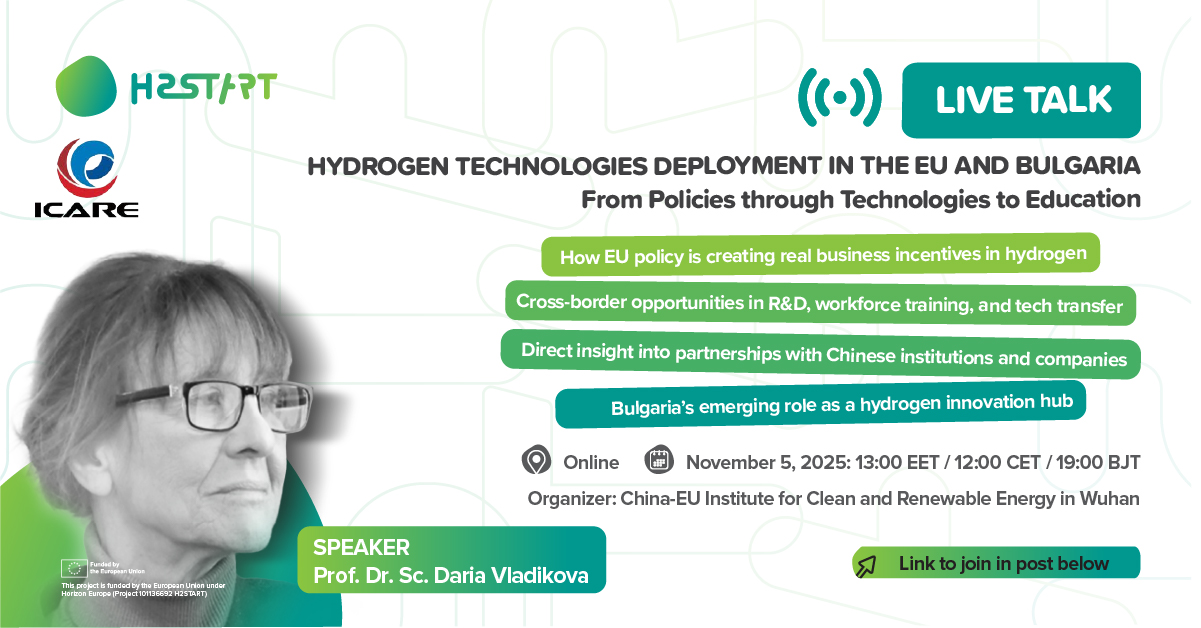 Promotional graphic for a live online event titled "Hydrogen Technologies Deployment in the EU and Bulgaria – From Policies through Technologies to Education". The speaker is Prof. Dr. Sc. Daria Vladikova. The event will cover EU hydrogen policy, international R&D cooperation, and Bulgaria’s role as a hydrogen innovation hub. Organized by the China-EU Institute for Clean and Renewable Energy in Wuhan. Scheduled for November 5, 2025, at 13:00 EET / 12:00 CET / 19:00 BJT
